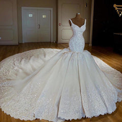 Gorgeous Straps White Mermaid Wedding Dresses Satin Ruffles Bridal Gowns With Appliques Online
