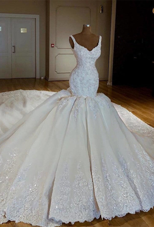 Gorgeous Straps White Mermaid Wedding Dresses Satin Ruffles Bridal Gowns With Appliques Online