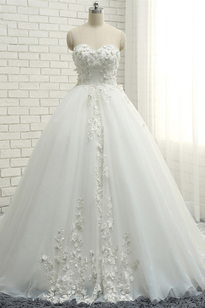 Gorgeous Sweatheart White Wedding Dresses With Appliques A line Tulle Ruffles Bridal Gowns Online