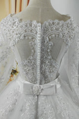 Gorgeous Tulle Lace White Wedding Dress Long Sleeves Appliques Bridal Gowns with Pearls