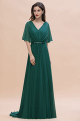 Gorgeous V-Neck Chiffon Ruffles Beading Bridesmaid Dress with Half Sleeves