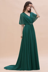 Gorgeous V-Neck Chiffon Ruffles Beading Bridesmaid Dress with Half Sleeves