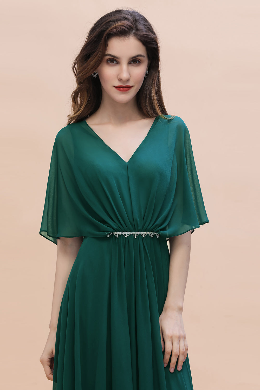 Gorgeous V-Neck Chiffon Ruffles Beading Bridesmaid Dress with Half Sleeves