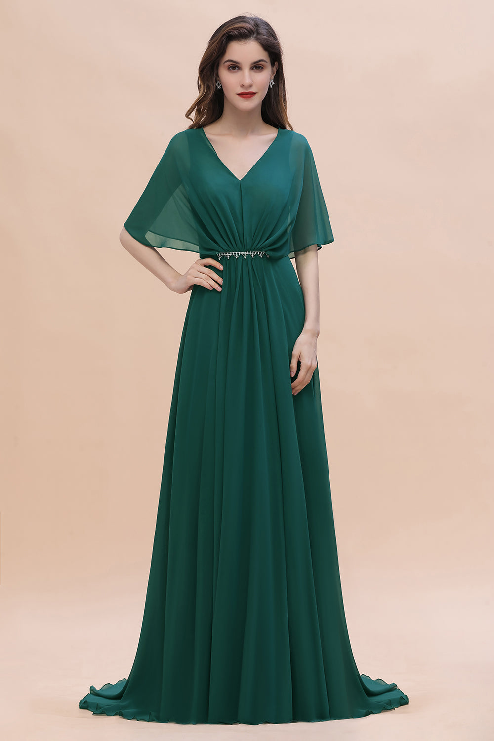 Gorgeous V-Neck Chiffon Ruffles Beading Bridesmaid Dress with Half Sleeves