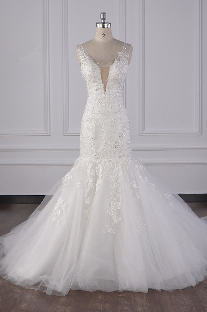 Gorgeous V-Neck Mermaid Lace Appliques Wedding Dress Sequined Sleeveless Bridal Gowns Online