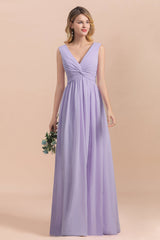 Gorgeous V-Neck Ruffle Lilac Chiffon Affordable Bridesmaid Dress with Ruffle