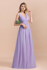 Gorgeous V-Neck Ruffle Lilac Chiffon Affordable Bridesmaid Dress with Ruffle