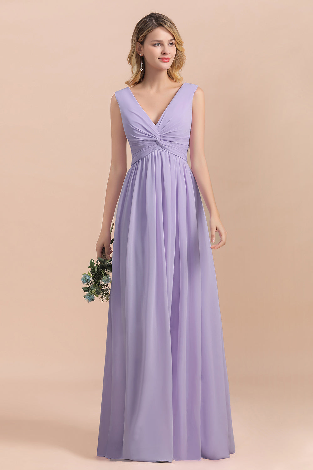 Gorgeous V-Neck Ruffle Lilac Chiffon Affordable Bridesmaid Dress with Ruffle