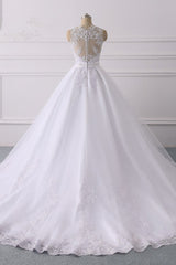 Gorgeous V-Neck Satin Tulle Lace Wedding Dress White Appliques Sleeveless Bridal Gowns On Sale