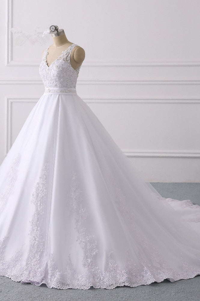 Gorgeous V-Neck Satin Tulle Lace Wedding Dress White Appliques Sleeveless Bridal Gowns On Sale