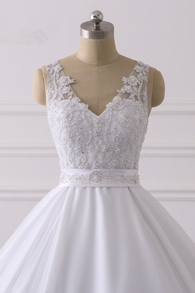 Gorgeous V-Neck Satin Tulle Lace Wedding Dress White Appliques Sleeveless Bridal Gowns On Sale