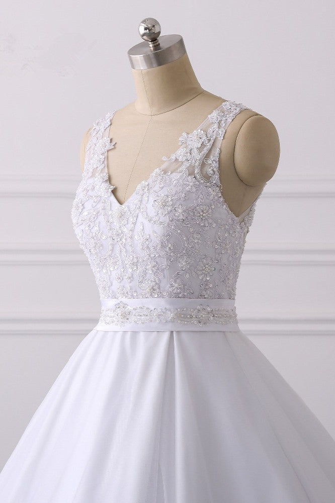 Gorgeous V-Neck Satin Tulle Lace Wedding Dress White Appliques Sleeveless Bridal Gowns On Sale