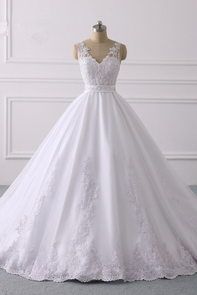 Gorgeous V-Neck Satin Tulle Lace Wedding Dress White Appliques Sleeveless Bridal Gowns On Sale