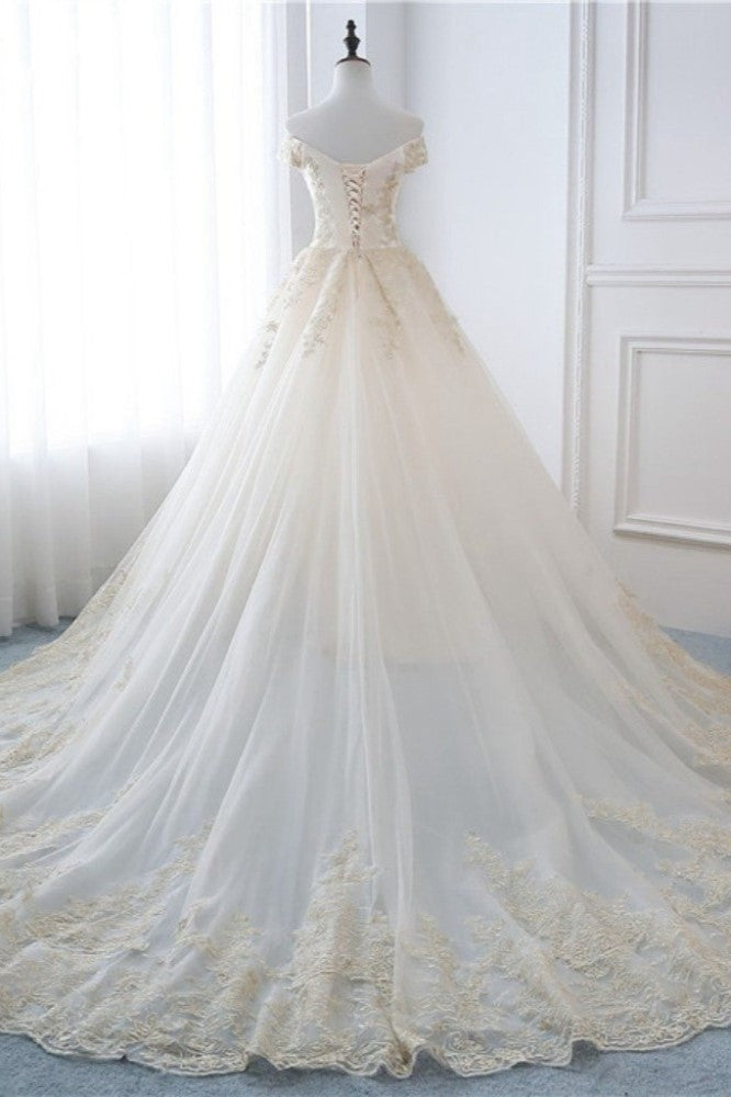 Gorgeous V-Neck Sleeveless Tulle Wedding Dress Champagne Appliques Bridal Gowns Online