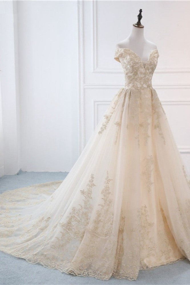 Gorgeous V-Neck Sleeveless Tulle Wedding Dress Champagne Appliques Bridal Gowns Online