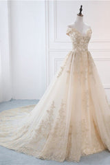 Gorgeous V-Neck Sleeveless Tulle Wedding Dress Champagne Appliques Bridal Gowns Online