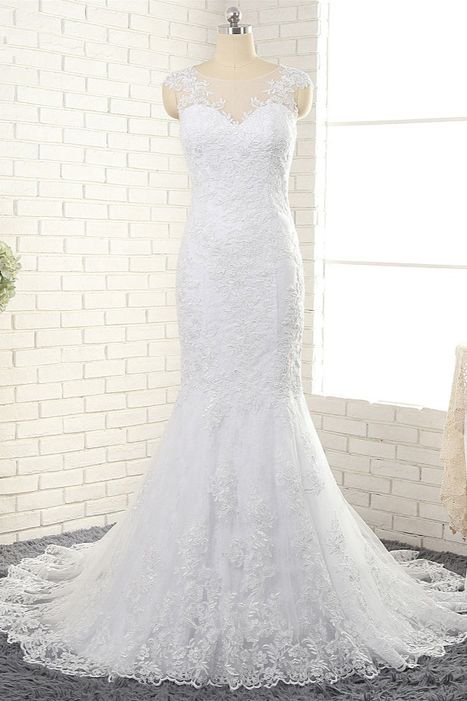 Gorgeous White Mermaid Lace Wedding Dresses With Appliques Jewel Sleeveless Bridal Gowns Online