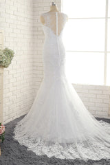 Gorgeous White Mermaid Lace Wedding Dresses With Appliques Jewel Sleeveless Bridal Gowns Online