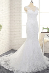 Gorgeous White Mermaid Lace Wedding Dresses With Appliques Jewel Sleeveless Bridal Gowns Online