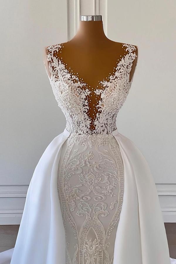 Gorgeous White Mermaid Wedding Dress Lace Appliques With Overskirt