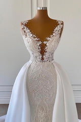 Gorgeous White Mermaid Wedding Dress Lace Appliques With Overskirt