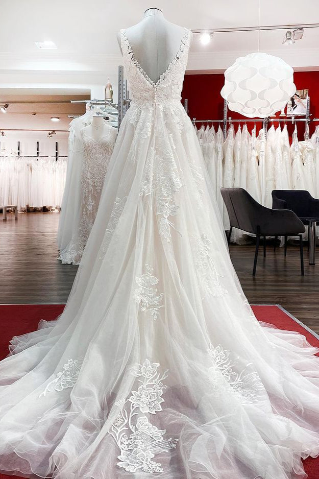 Graceful Ivory Tulle V Neck Lace Ruffles A-Line Wedding Dresses