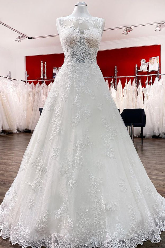 Graceful Jewel Tulle Ivory A-Line Wedding Dresses With Lace Appliques