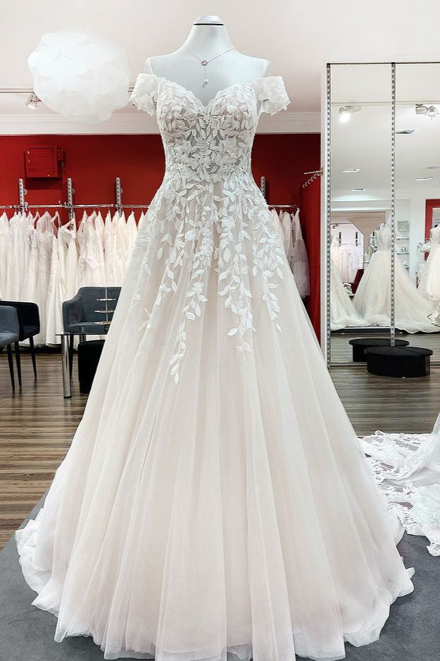 Graceful Off The Shoulder Tulle Lace Ruffles A-Line Wedding Dresses