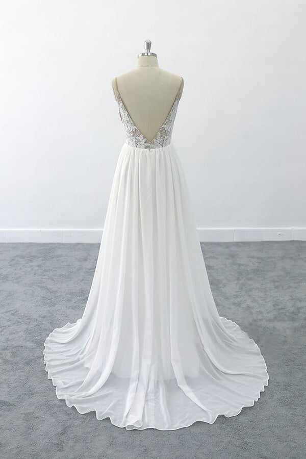 Graceful V-neck Lace Chiffon A-line Wedding Dress On Sale