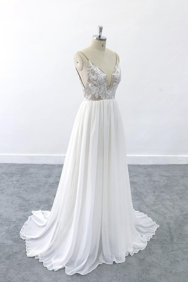 Graceful V-neck Lace Chiffon A-line Wedding Dress On Sale