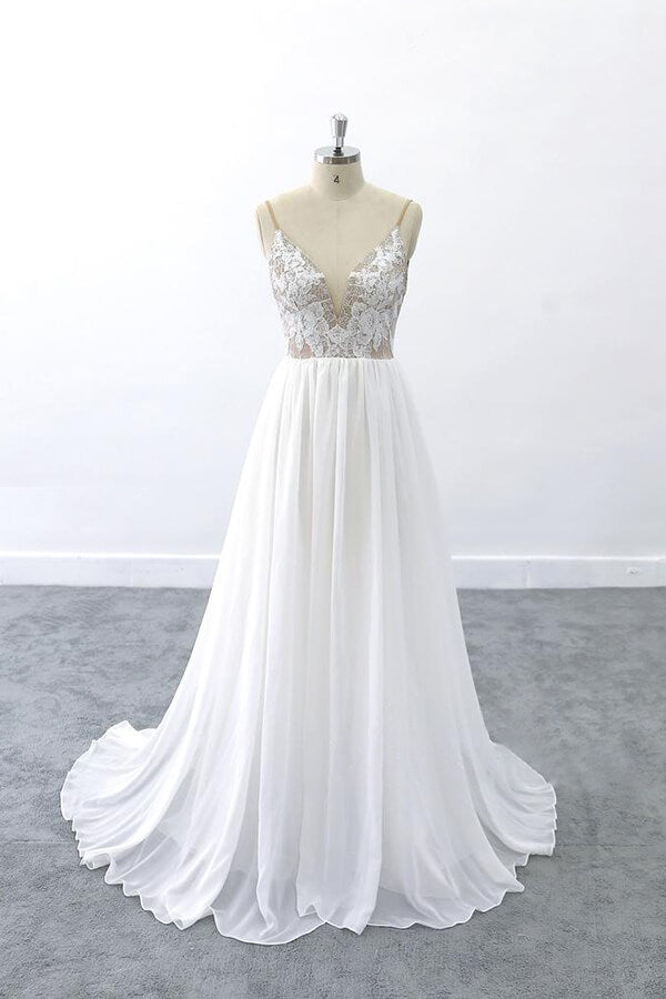 Graceful V-neck Lace Chiffon A-line Wedding Dress On Sale