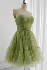 Green Tulle Sequined Spaghetti-Strap Pleated Homecoming Dress