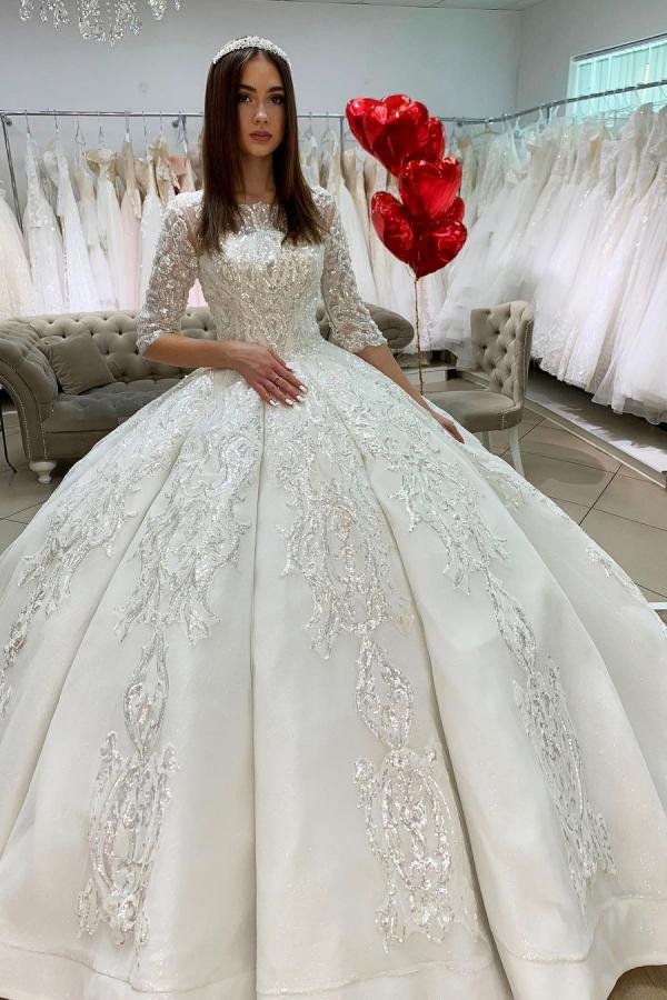 Half Sleeves Applqiues Ball Gown Wedding Dress Online