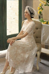 Half Sleeves Wedding Dress Tea-Length Lace Appliques