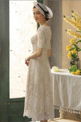 Half Sleeves Wedding Dress Tea-Length Lace Appliques