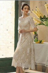 Half Sleeves Wedding Dress Tea-Length Lace Appliques