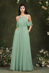 Halter Chiffon Bridesmaid Dress Long WIth Ruffle