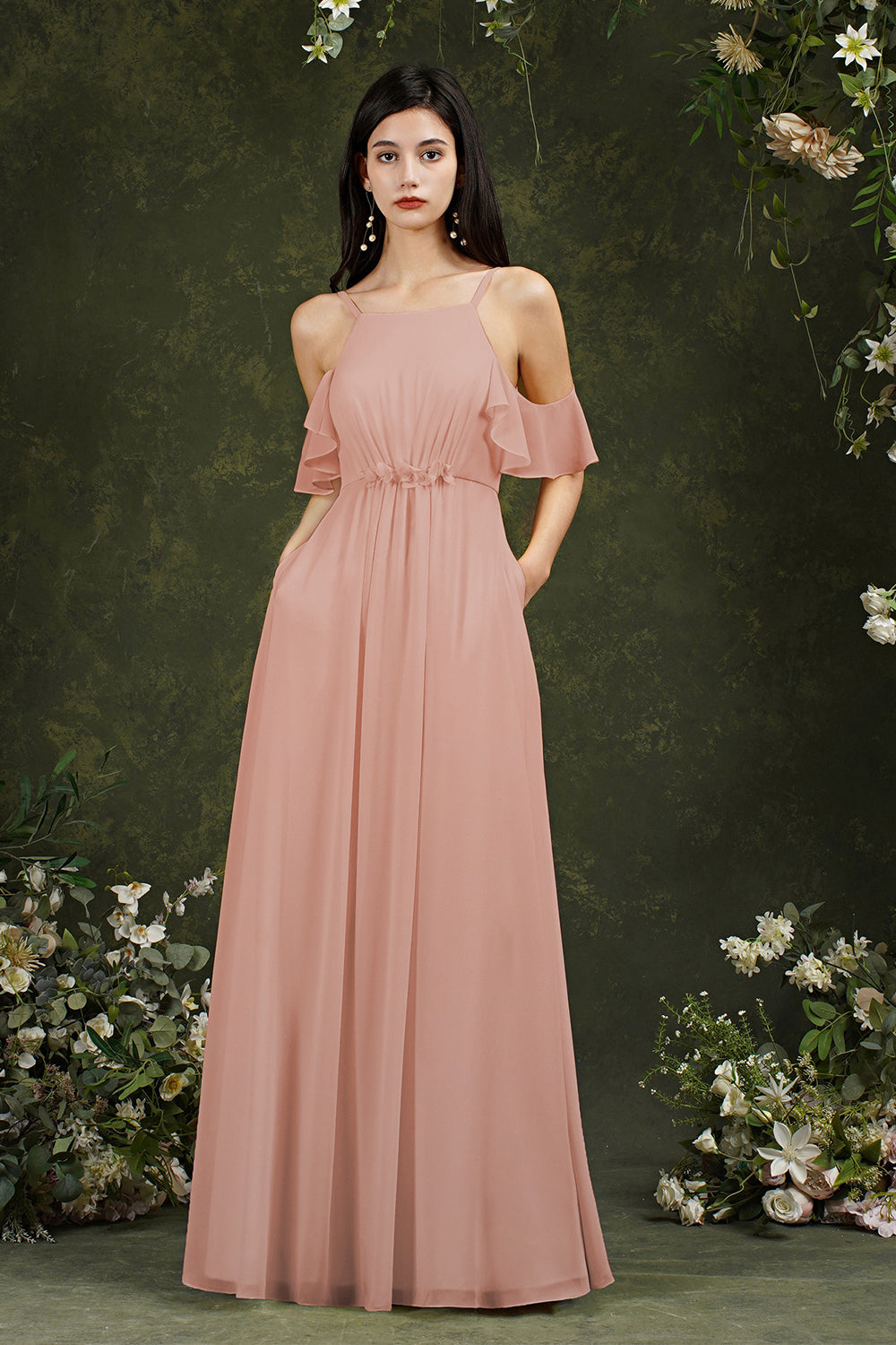 Halter Chiffon Bridesmaid Dress Long WIth Ruffle