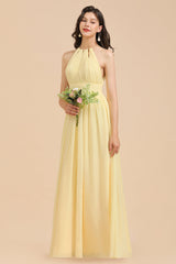 Halter Sleeveless Daffodil Chiffon Bridesmaid Dress with Ruffles