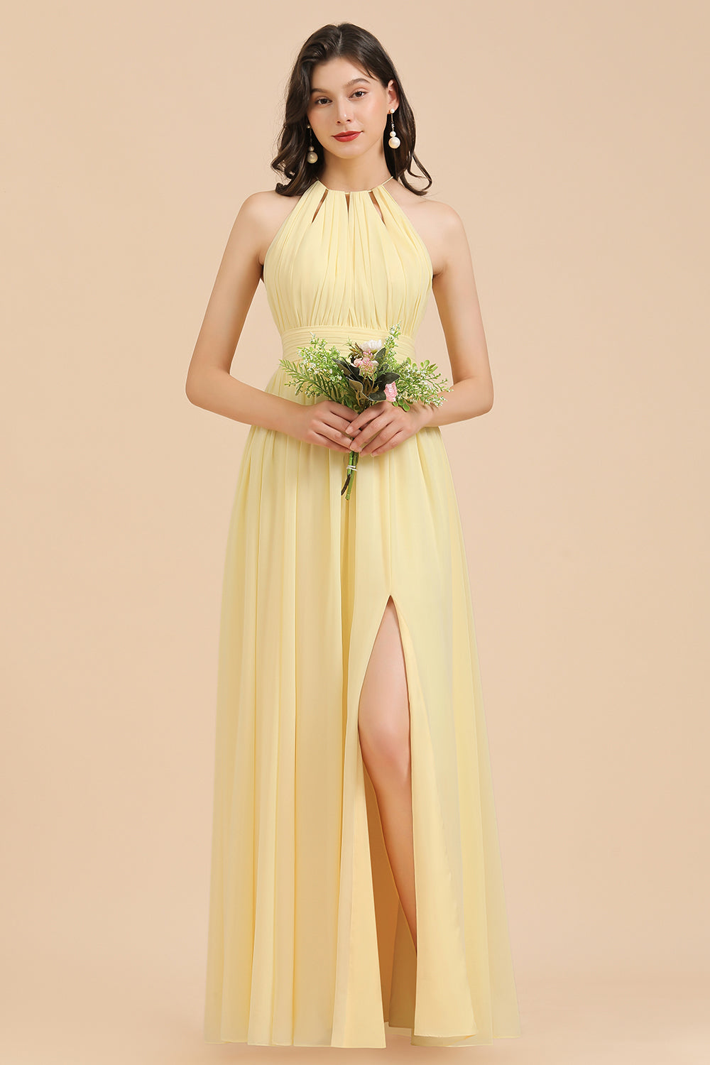 Halter Sleeveless Daffodil Chiffon Bridesmaid Dress with Ruffles