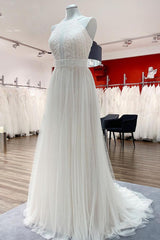 Halter Tulle Ivory Lace Backless Wedding Dresses