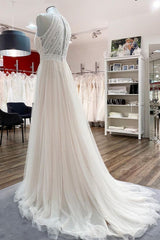 Halter Tulle Ivory Lace Backless Wedding Dresses