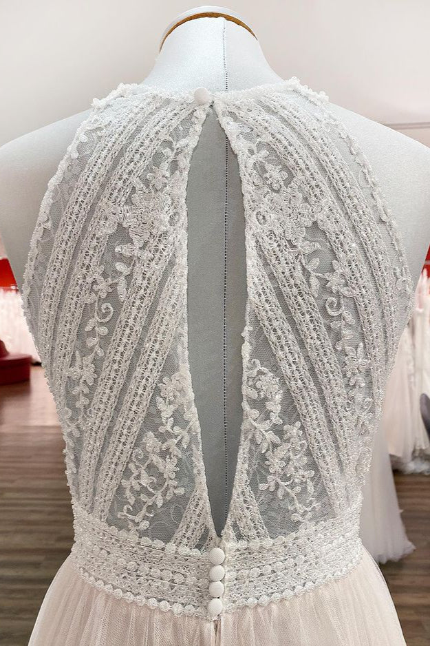 Halter Tulle Ivory Lace Backless Wedding Dresses