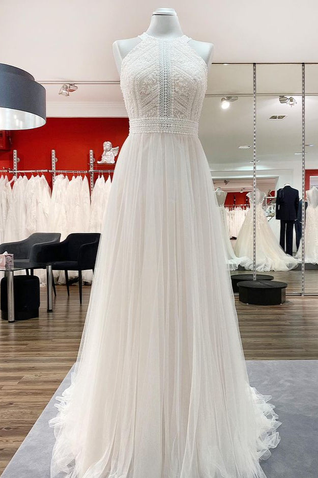 Halter Tulle Ivory Lace Backless Wedding Dresses