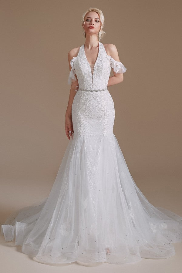 Halter V-Neck Mermaid Lace Wedding Dress Long On Sale