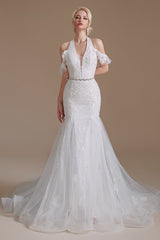 Halter V-Neck Mermaid Lace Wedding Dress Long On Sale