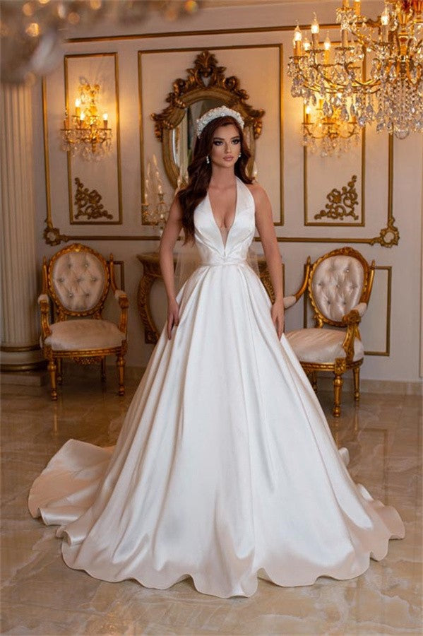 Halter V-Neck Wedding Dress Sleeveless Long