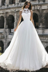 High Neck Sleeveless Tulle Wedding Dress Princess Lace Bridal Gowns