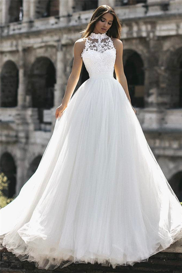 High Neck Sleeveless Tulle Wedding Dress Princess Lace Bridal Gowns