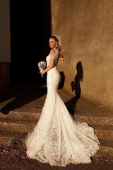 High Neck White Mermaid Wedding Dress With Lace Appliques